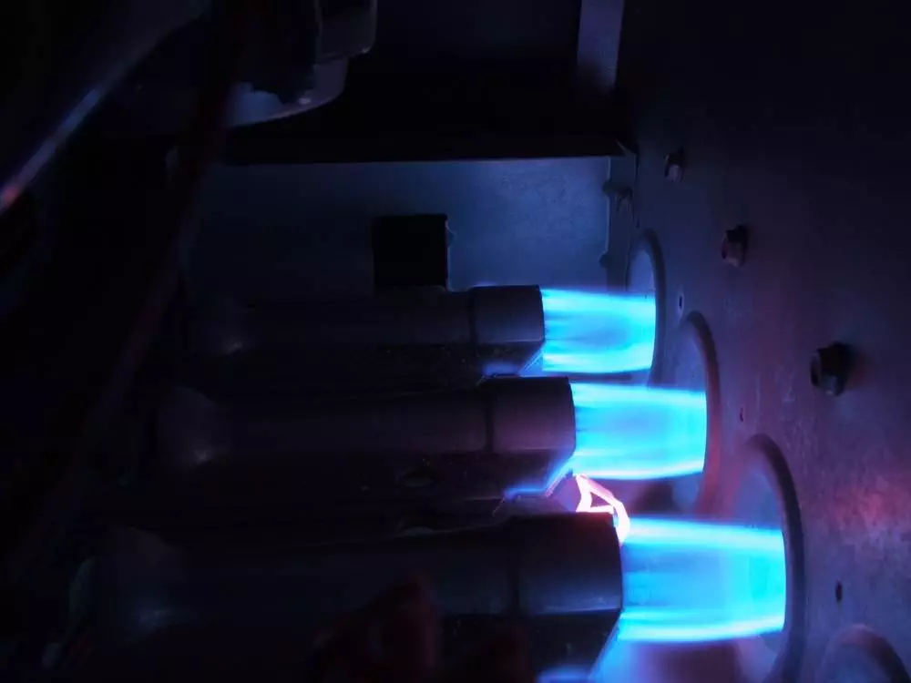 An interior view of blue flames alight in a gas furnace.